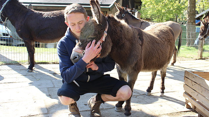 FÖJler Matthias zusammen mit einem Esel auf der Jugendfarm Sindelfingen